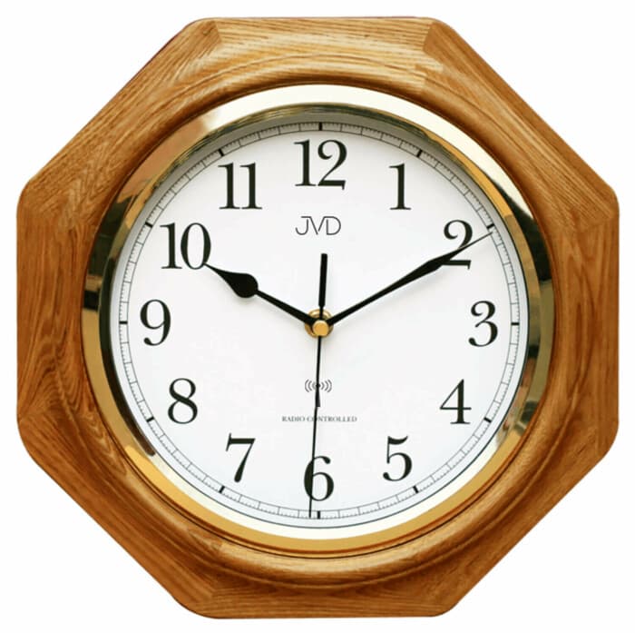 Horloge murale octogonale en bois de chêne radio-pilotée lunette dorée