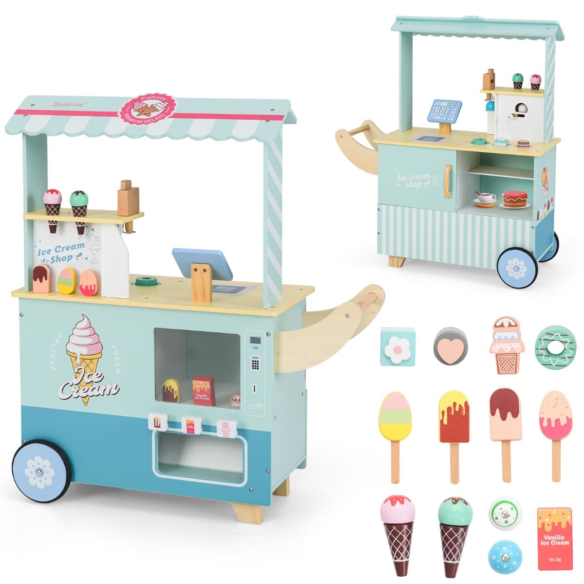 CostwayChariot à Glaces pour Enfants Stand de Glaces pour Tout-petits Distributeur Automatique et Jouets Présentoir Ecran pour 3+ Ans Vert