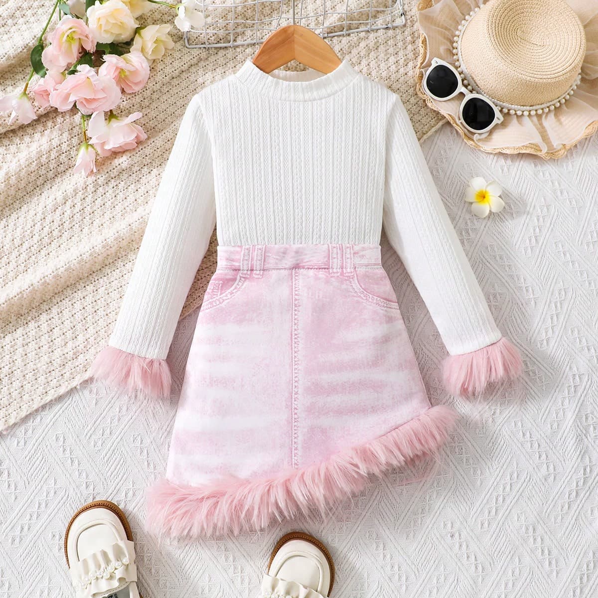 Ensemble Haut À Empiècement Pour Jeune Fille & Jupe Asymétrique Imprimé Denim, Parfait Pour L'automne Et L'hiver